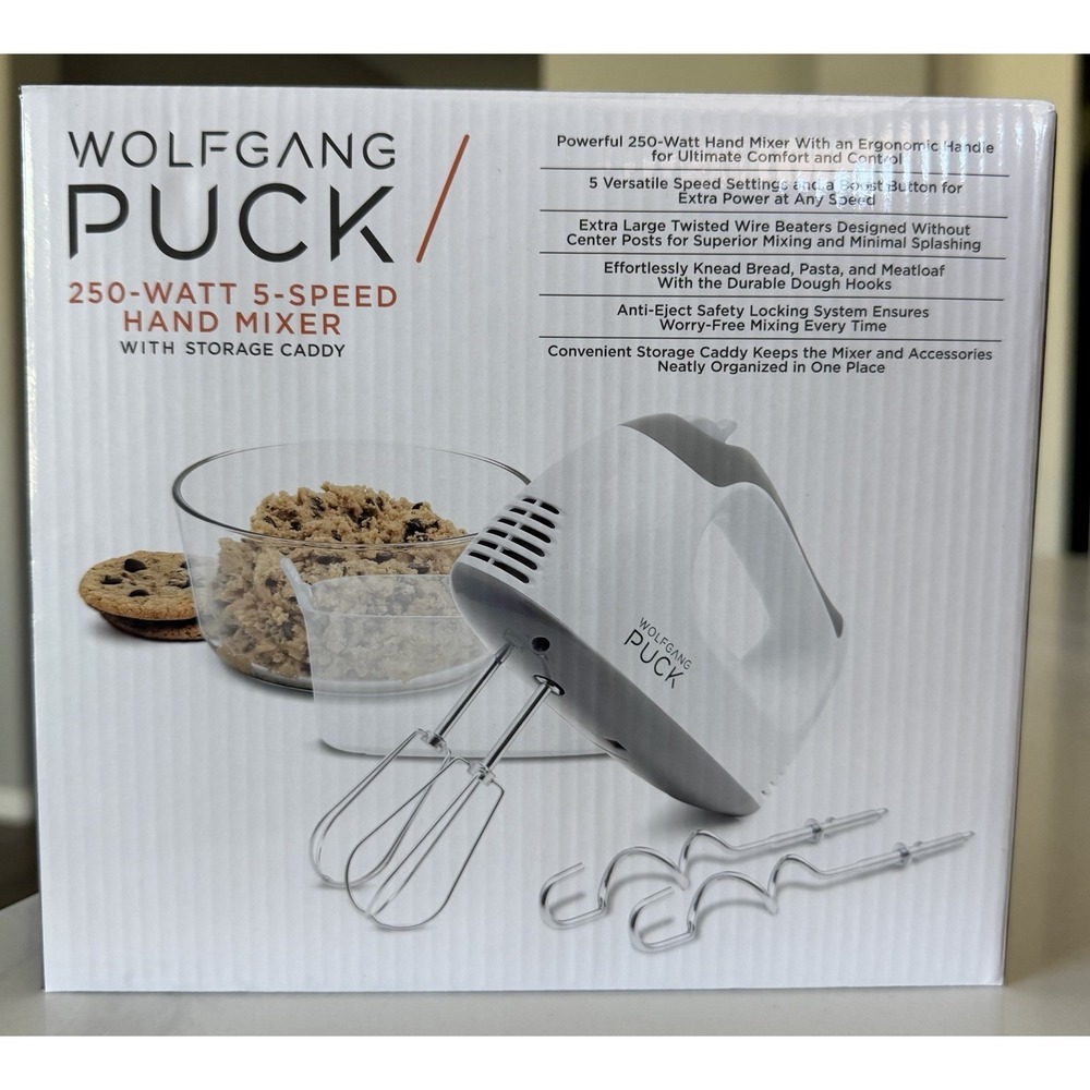 Wolfgang Puck 250W 5-Speed Hand Mixer White Gray with Storage Caddy